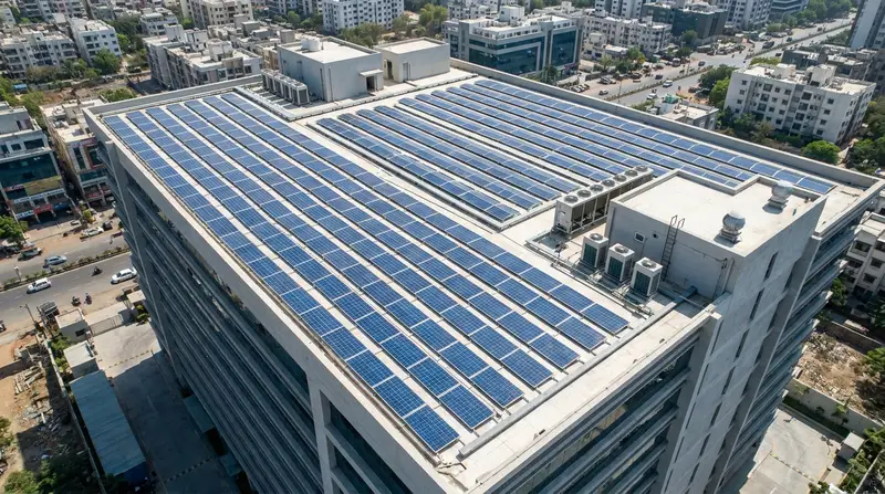 Commercial building rooftop with rows of solar panels