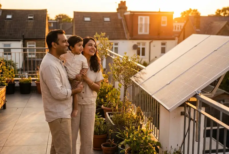 Happy Indian family on their home terrace beside rooftop solar panels