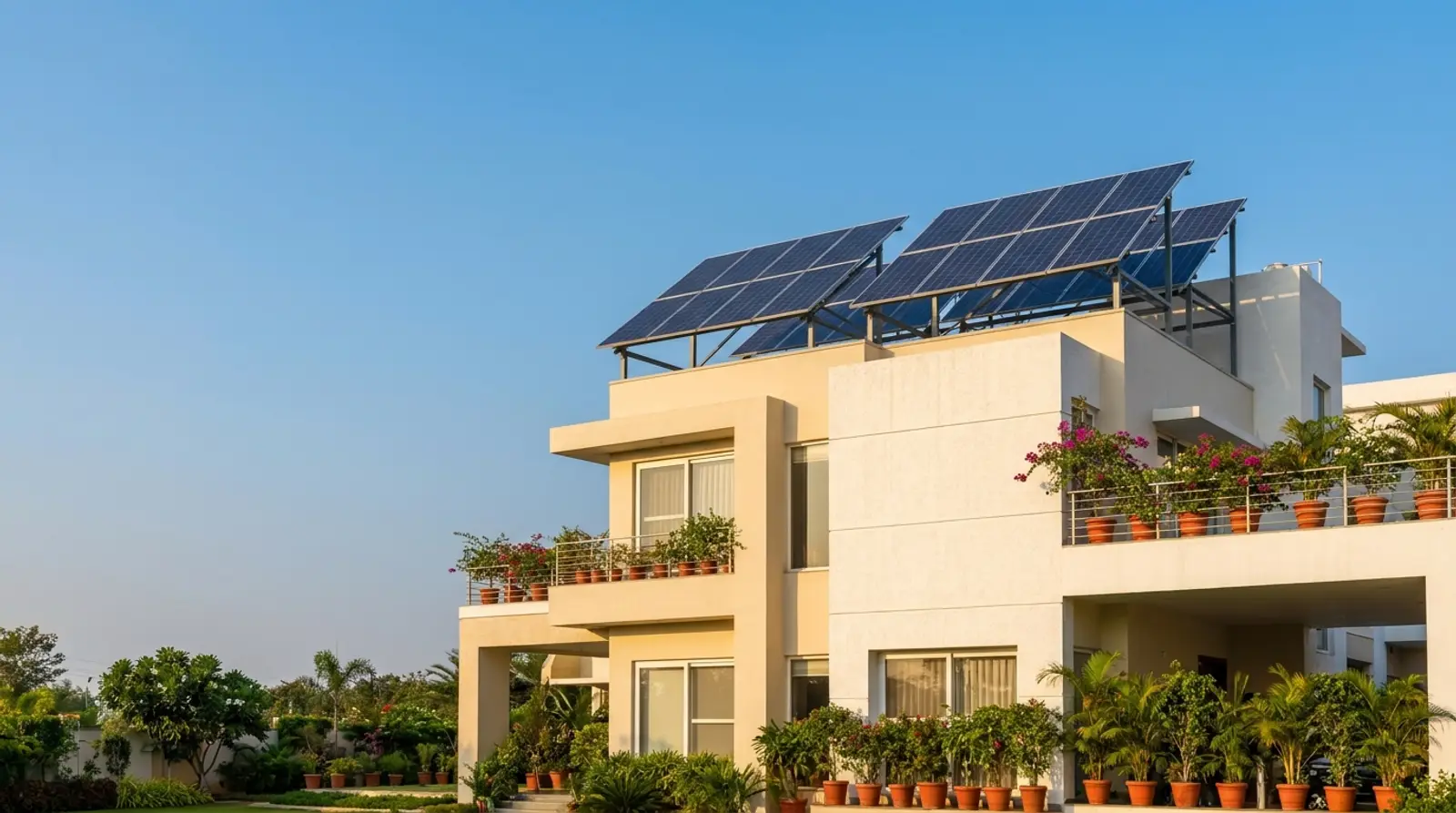 Modern Hyderabad home with rooftop solar panels installed on an elevated structure