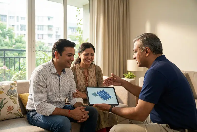 Naira Solar consultant explaining a rooftop solar plan to a Hyderabad homeowner couple