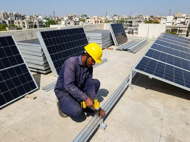 Technician fixing solar mounting rails on a flat terrace in Hyderabad